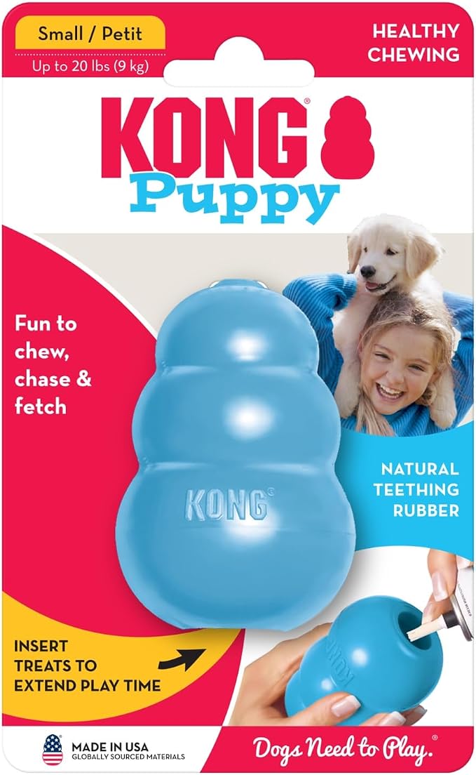 KONG Puppy - Natural Teething Rubber Chew Toy for Dogs - Stuffable Dog Toy for Extended Playtime - Chew & Fetch Toy for Puppies - for Small Puppies - Blue (Pack of 3)