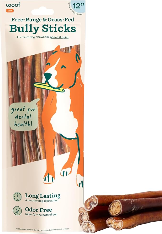 WOOF Bully Sticks Dog Chew Treats, 12 Inch, 5 Count | Free-range grass-fed beef, long-lasting chews, high protein, odor controlled, supports dental care
