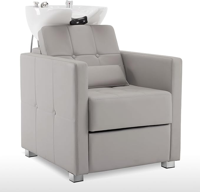 BarberPub Backwash Shampoo Station Chair, Adjustable Porcelain Ceramic Hair Wash Bowl, Vacuum Breaker, Professional Shampoo Chair and Bowl Unit for Salon and Spa 9309 (Gray)