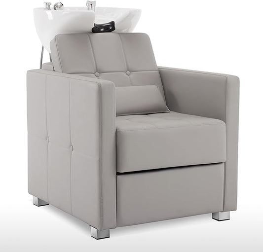 BarberPub Backwash Shampoo Station Chair, Adjustable Porcelain Ceramic Hair Wash Bowl, Vacuum Breaker, Professional Shampoo Chair and Bowl Unit for Salon and Spa 9309 (Gray)