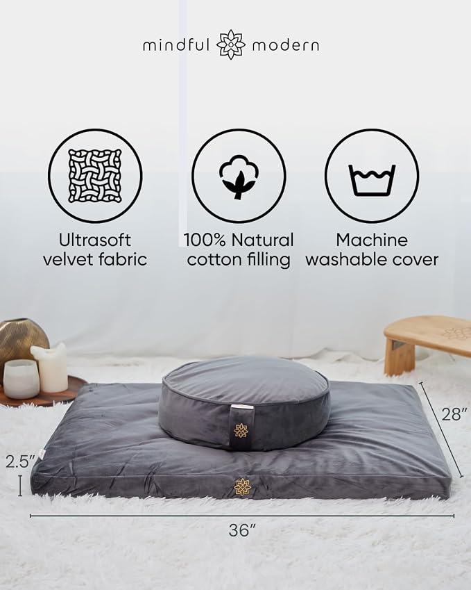 Mindful & Modern Zabuton Meditation Mat - Cotton Filled Yoga and Meditation Pad - Zabuton Meditation Cushion for Kneeling and Sitting Support - Large Rectangular Sitting Floor Pillow for Bench or Zafu
