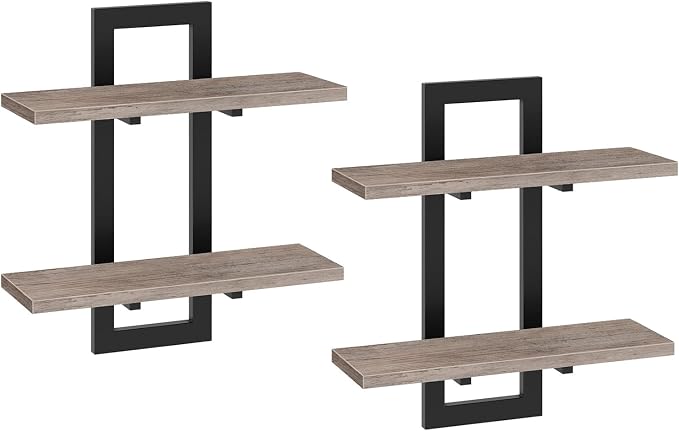 HOOBRO Floating Shelves, 15 Inch Wall Shelf Set of 2, Wall Mounted Storage Shelves 2-Tier, Hanging Bathroom Shelves, for Living Room, Bedroom, Bathroom, Kitchen, Greige BG32BJ01