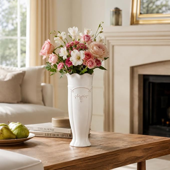 hjn White Ceramic Vase- French Flower Vase for Decor Tall Vintage Vases for Flowers/Home Decoration/Kitchen/Table/Living Room/Shelf/Mantel/Office-Height-11.6"