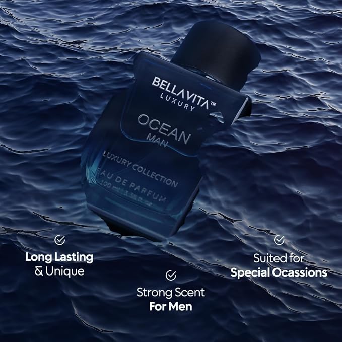 Bellavita Luxury OCEAN Eau de Parfum | 100 ml (3.4 fl.oz.) | Perfume for Men | Fresh, Bergamot, Lily of the Valley, and AMber Notes | Long Lasting Men's Fragrance