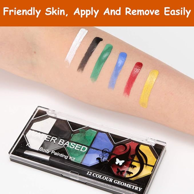 Face Paint, Body Paint Kit for Kids and Adults, Professional Painting Palette Water Based, 12 Vibrant Colors with Brushes, Hypoallergenic Safe Non-Toxic, Ideal for Halloween Party Festivals Costumes