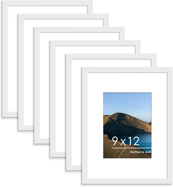 9x12 Picture Frame Set of 6, Wall or Tabletop Display, White | Display Pictures 6x8 with Mat or 9x12 Without Mat, Horizontal or Vertical, Gallery Wall Frame Set, Wedding Birthday Gifts