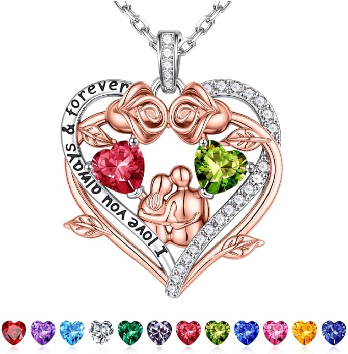 Iefil Valentines Gifts for Her Wife - 925 Sterling Silver Double Heart Birthstone Necklace, Anniversary Birthday Gifts for Women Wife Girlfriend