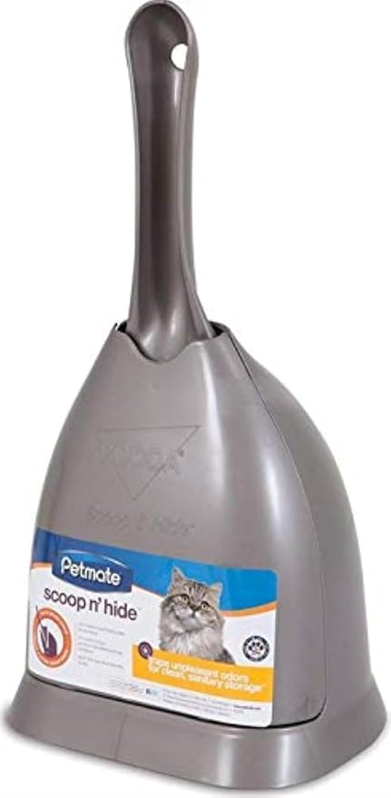 Petmate Scoop N' Hide Cat Litter Scoop with Discreet Holder, Brushed Nickel | Features a Deep Bucket Scoop with Built-In Rake to Sift Litter and a Hinged Stand That Hides the Scoop Between Cleanings
