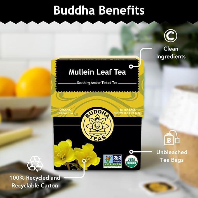 Buddha Teas - Mullein Leaf - Organic Herbal Tea - Single Ingredient - Warm Amber Hue - Mild, Earthy, Sweet Taste - Enjoy Hot or Cold - Caffeine Free - 100% Kosher & Non-GMO - 18 Tea Bags (Pack of 1)