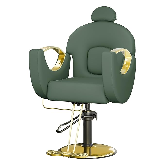 Barber Salon Chair, Reclining Salon Chair with Heavy Duty Hydraulic Pump, 360° Swivel and Height Adjustable, 330 LBS Capacity Spa Beauty Equipment Hairdresser Armchair for Barbershop- Green & Gold