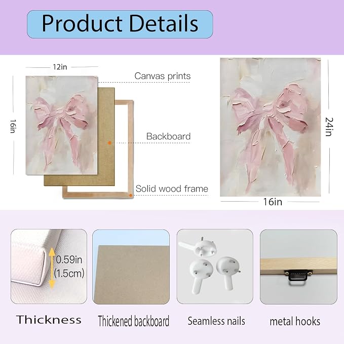 Pink Bow Canvas Wall Art Set of 3 Trendy Preppy Oil Painting Posters Wall Decor Cute Coquette Print Picture Girly Aesthetic for Back to School Girls Bedroom Bathroom College Dorm 12x16 In Framed