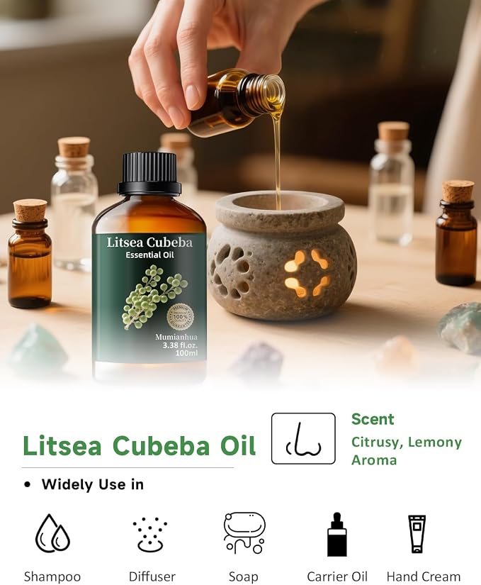 Litsea Cubeba Essential Oil, Fresh Scent, Diffuser, Skin & DIY, 3.38 Fl Oz | Mumianhua May Chang Oil, Bright, Lemony Aroma. For Diffuser, Oily Skin, Hair, DIY Spray & Candle Making