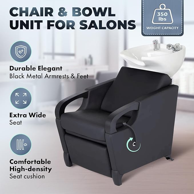Buy-Rite Luna Noir Shampoo Backwash Unit for Professional Salons - Extra Wide Seat, Black Metal Armrests & Feet, Lever-Activated Leg Rest, Tilting White Porcelain Bowl, YLG-583-1-BLACK