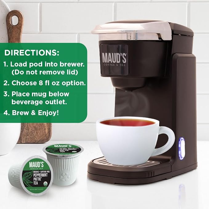 Maud's Organic Peppermint Tea Pods, 100 ct, Single Serve Pods – 100% Gourmet Blended Tea Leaves, Compatible with Keurig K Cups Maker