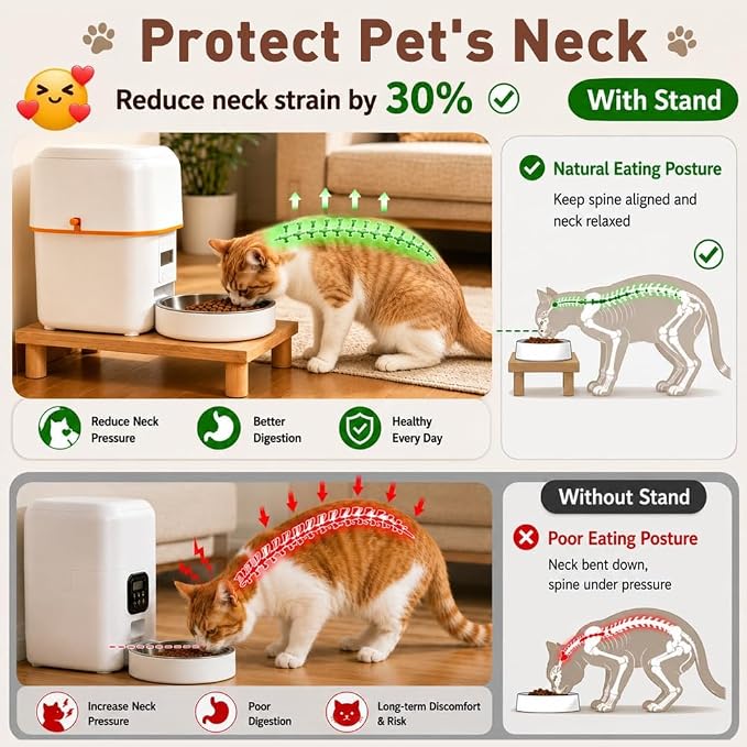 SZEE Cat Food Stand, Elevated Cat Feeder Stand for Automatic Feeder & Bowls | Lifted Cat Food Table Station, Raises Feeder/Bowl by 2 3/8", Relieves Spine and Joints Noticeably on Pets - Solid Pine Wood