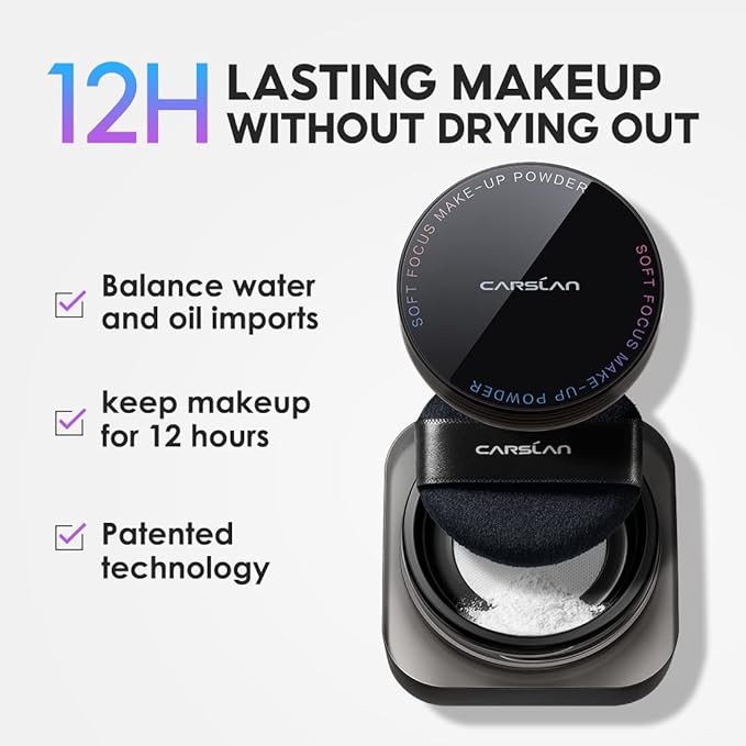 CARSLAN Soft Focus Loose Setting Powder, Waterproof, Matte, Oil Control, Shine Free, Talc-Free Face Powder Makeup, 24H Longwear Finishing Powder, 01 Dark Purple
