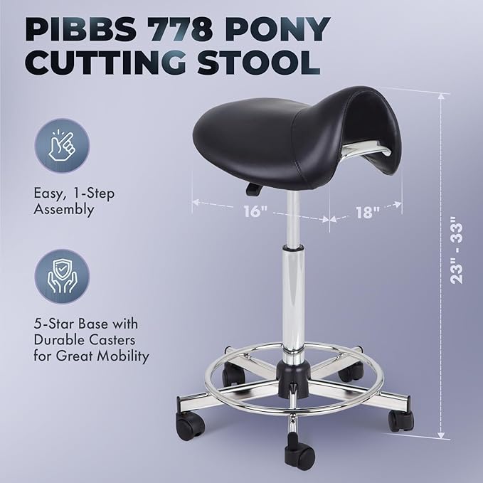 Pibbs 778 Pony Professional Cutting Stool for Salons - Adjustable Height 23"–33", Extra-Thick Upholstered Seat Cushion, Ergonomic Design for Back Relief, 5-Star Base with Smooth Casters, PIB-778