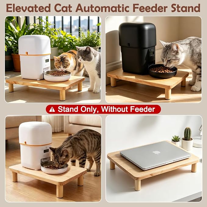 SZEE Cat Food Stand, Elevated Cat Feeder Stand for Automatic Feeder & Bowls | Raises Feeder/Bowl by 3", Relieves Spine and Joints Noticeably on Pets ( Large & Solid Pine Wood)