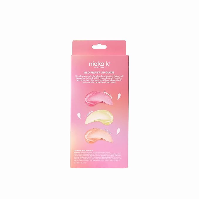 NICKA K NEW YORK GLO Fruity Lip Gloss Set – Grapefruit, Lemon & Orange – Hydrating, Non-Sticky, Long-Lasting Shine (MLGFR1 Glo)