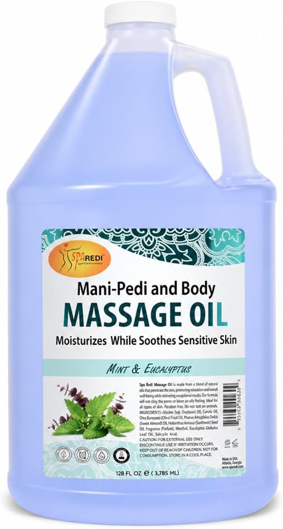 SPA REDI Mint Eucalyptus Massage Oil – Alcohol-Free, Sulfate-Free & Silicone-Free Professional Massage Oil | Almond, Avocado, Sunflower & Vitamin E Botanical Blend | Cruelty-Free | Made in USA 128 oz