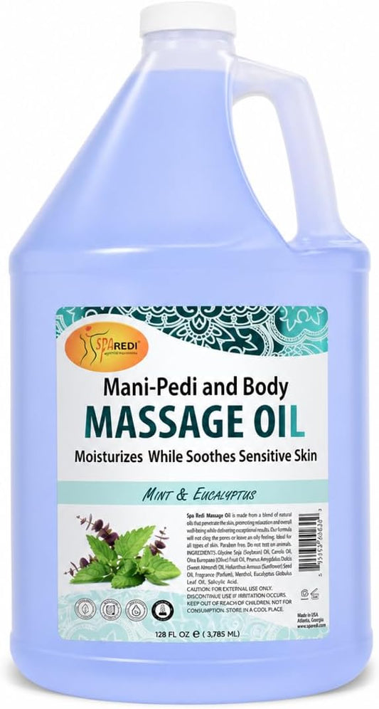 SPA REDI Mint Eucalyptus Massage Oil – Alcohol-Free, Sulfate-Free & Silicone-Free Professional Massage Oil | Almond, Avocado, Sunflower & Vitamin E Botanical Blend | Cruelty-Free | Made in USA 128 oz