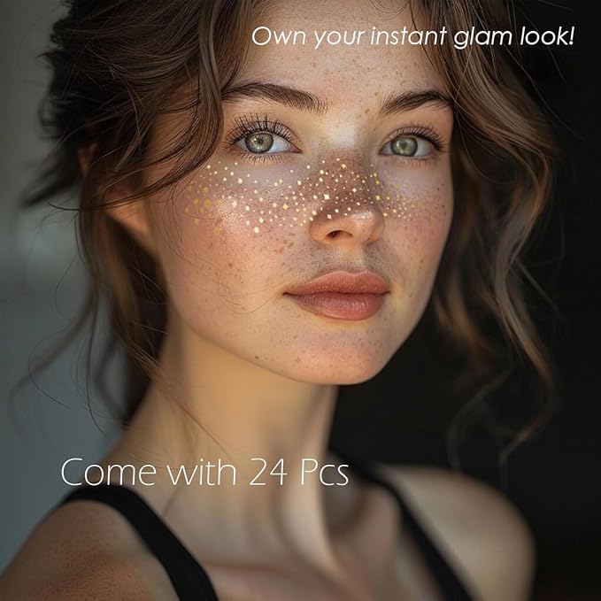 Glitter Freckles, 24PCS Glitter Freckles Face Tattoo, Sparkle Freckles for Women, Waterproof Gold Temporary Face Tattoos Glitter Glow Up Patches Makeup Patches (Gold 2Packs)
