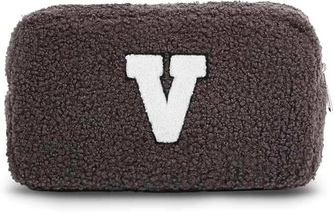 Cute Makeup Bag, Initial Cosmetic Bag, Fuzzy Makeup Bags for Women, Beauty Pouch with Chenille Letter, Personalized Cosmetic Pouch for Travel, Dark Grey V