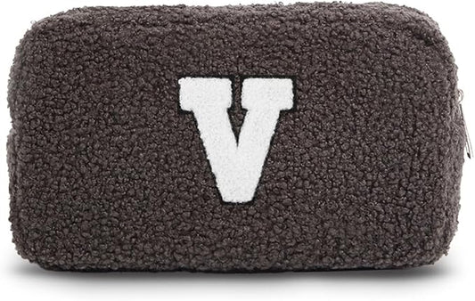 Cute Makeup Bag, Initial Cosmetic Bag, Fuzzy Makeup Bags for Women, Beauty Pouch with Chenille Letter, Personalized Cosmetic Pouch for Travel, Dark Grey V