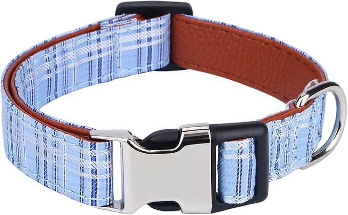 Dog Collar with Bow Tie for Girl or Boy Gift Soft Durable Bowtie Blue Tartan Plaid Large