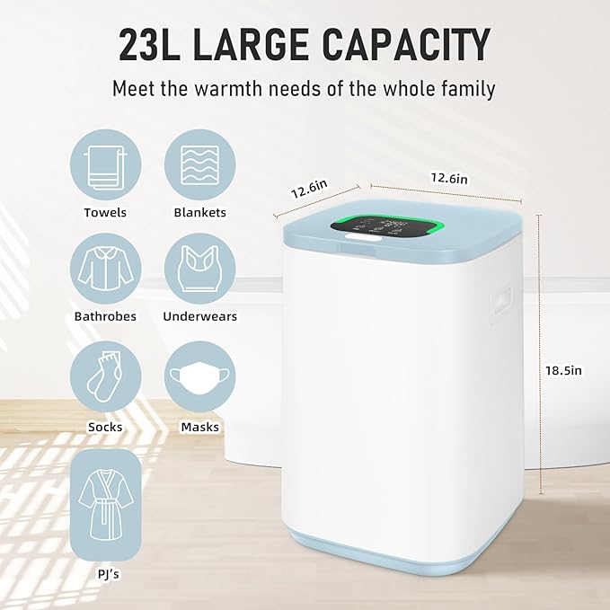Towel Warmer for Bathroom, 23L Large Towel Warmers, Heated Towel Warmer Bucket with LED Display, 3 Heating Modes, 20/40/60 Min, Auto Shut Off, Child Lock, Blue