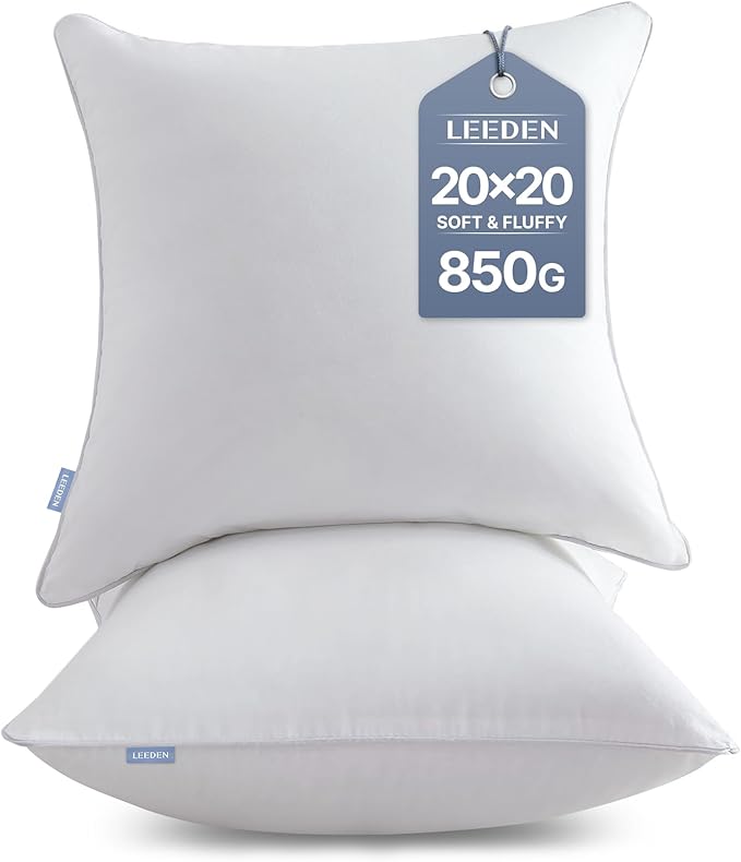 Leeden 20 x 20 Pillow Inserts (Set of 2) - Throw Pillow Inserts with 100% Cotton Cover - 20 Inch Square Decorative Pillows for Sofa, Couch, Bed and Home Decor