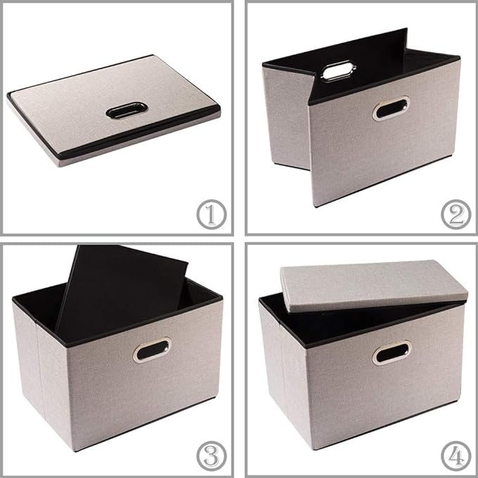 Foldable Storage Bin with Lid [3-Pack] Linen Fabric Decorative Storage Box Organizer Container Basket Cube with Handles Divider for Closet Office Living Room Light Grey(14.9x9.8x9.8)