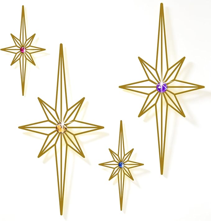 sxnzequnze 4 Pcs Star Wall Art for Home Decor Living Room Bedroom Office Metal 3D,Bling,with Hanging Hook Starburst Midcentury Sculpture Retro Gallery Accent Celestial -Gold 16.5in/9.4in