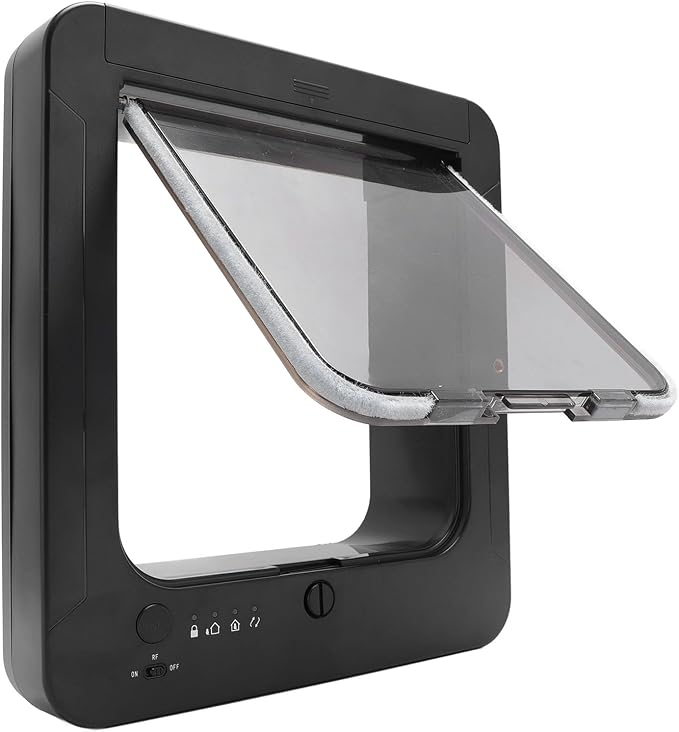 Smart Electronic Pet Door, Automatic Unlocking Microchip Dog Door with 4 Distinct Modes, Selective Entry and Exit, Weatherproof Battery Powered Pet Door for Multi Pet Homes (Black + Remote
