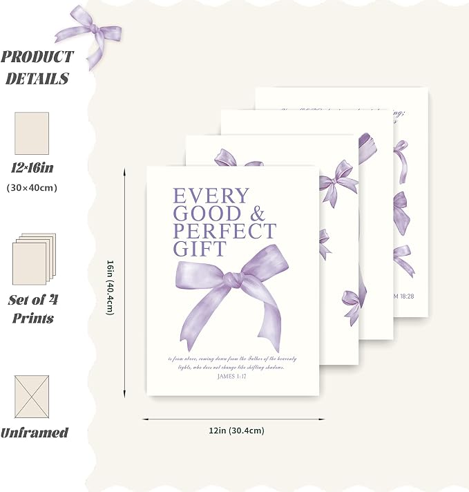 LARTSFRO Coquette Purple Bow Wall Art Decor Posters, Purple Bow Room Bedroom Bathroom Dorm Wall Art Decor Aesthetic for Teen Girls Gifts, Inspirational Bible Verses Bow Wall Decor, 12x16 Inch Set of 4 Pcs Bow Pictures (UNFRAMED)