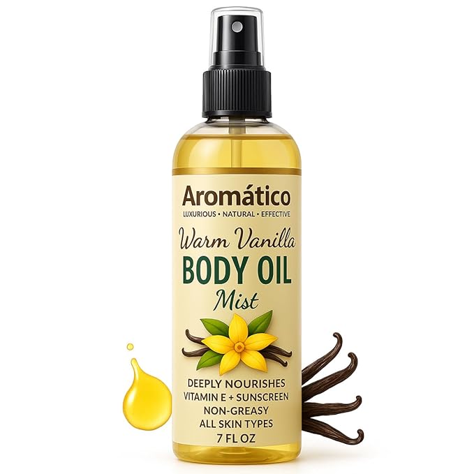 Aromatico Warm Vanilla Body Oil Mist for Women – 7 fl oz | Lightweight, Non-Sticky, Spray-on formula for Daily use After Shower | Moisturized, Soft, Glowing Skin | Cozy, Creamy Vanilla Scent