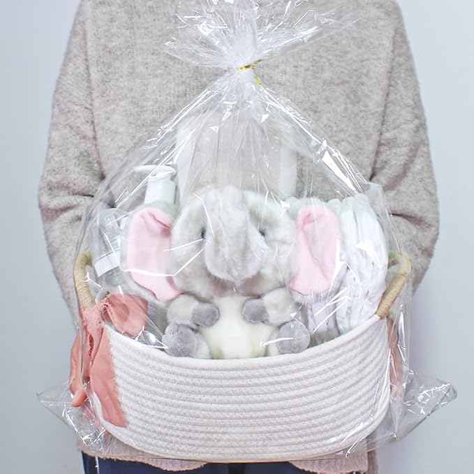 Yimi's Dream White Cotton Rope Gift Basket with Brown Handle, 12 x 8 x 5 in | Small Oval Empty Decorative Basket for Easter, Baby Shower, Cat or Dog Toys, Gifts, Nursery, Shelves, and Home Organization