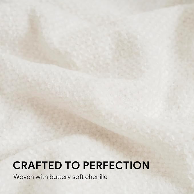 RECYCO Chenille Throw Blanket for Couch, 50"x60", Ivory White | Super Soft Knit Throw Blanket with Fringe Tassels, Lightweight Knitted Throw, Cozy, Ideal for Sofa Chair Bed Living Room Gift