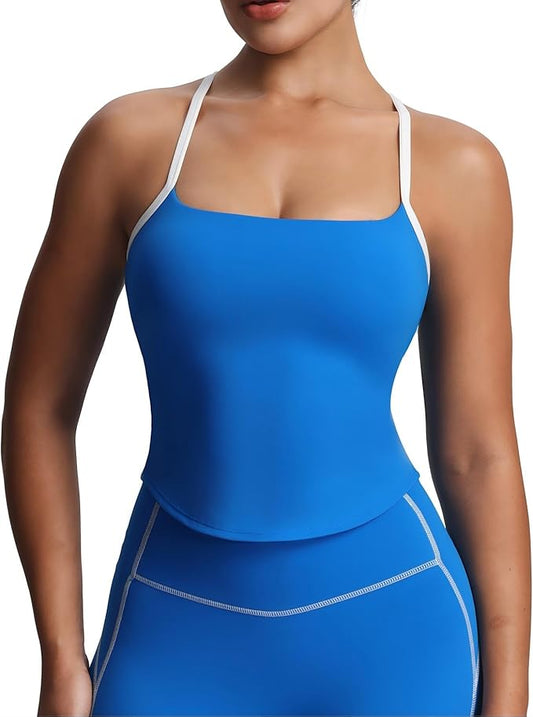 Aoxjox Women's Workout Sleeveless Color Block Lexi Tank Tops Contrasting Strap Cross Back Yoga Curve Longline Crop Top