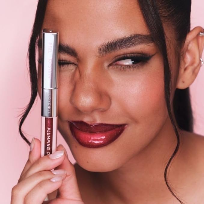 JUDYDOLL Peel Off Stain and Plumping Oil Duo - Long-Lasting Lip Stain with 3D Plumping Gloss, Hydrating and Non-Sticky Formula, Macaron-Inspired Lipstick (#03 Cherry Spark)