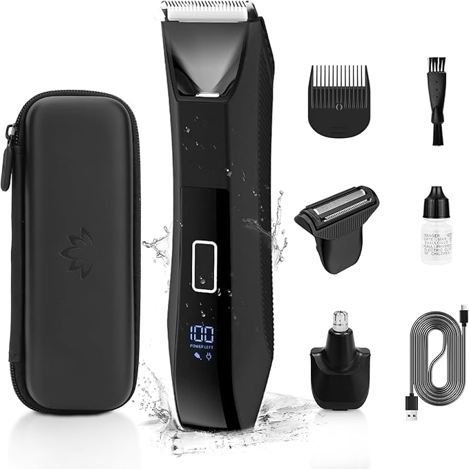 Bomic Manscape 3-in-1 Body Trimmer for Men, Groin, Pubic & Ball Hair Shaver No-Nick, Nose Hair Trimmer, Body Groomer for Smooth Shaving, Lightweight with Travel Lock, LED Display, IPX7 Waterproof