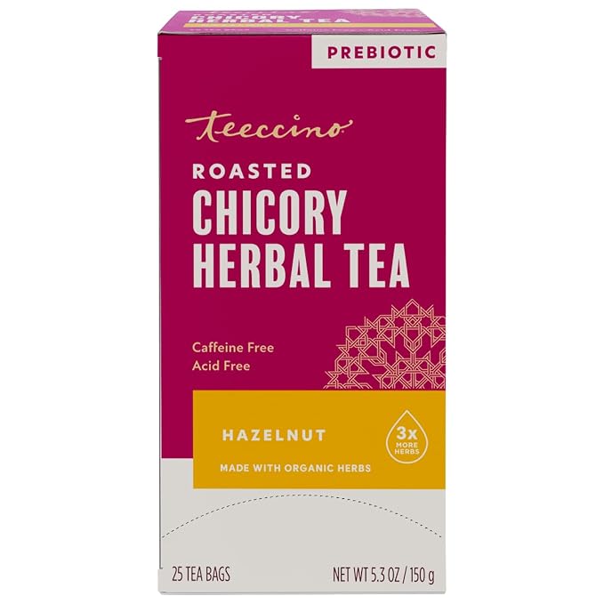 Teeccino Hazelnut Herbal Tea - 25 Tea Bags - Rich & Roasted Herbal Tea That’s Caffeine Free & Prebiotic for Natural Energy,