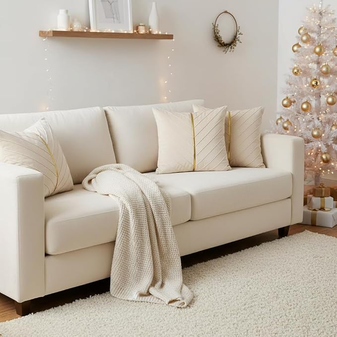 Velvet Throw Pillow Covers 22x22 inch Pack of 2 Gold Decor Cream | Soft Solid Pillow Covers,Modern Luxury Home Decor,for Couch Chair Sofa Bedroom Livingroom,Hidden Zipper,Ideal Gift,Easy Care