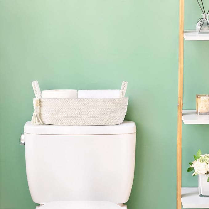 Mkono Toilet Paper Basket, Boho Bathroom Decor, Small Storage Organizer | White, 13"L x 6"W, Back of Toilet Basket, Decorative Woven Tray with Handles, Space-Saving, Living Room Bedroom, 1 Pack