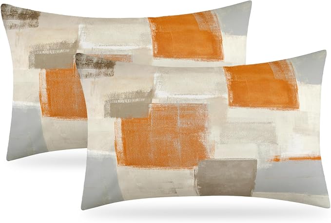 Orange and Grey Abstract Art Artwork Pillow Cover, Gallery Modern Decorative Throw Pillows Cushion Cover for Bedroom Sofa Living Room 12 x 20 Inch Set of 2