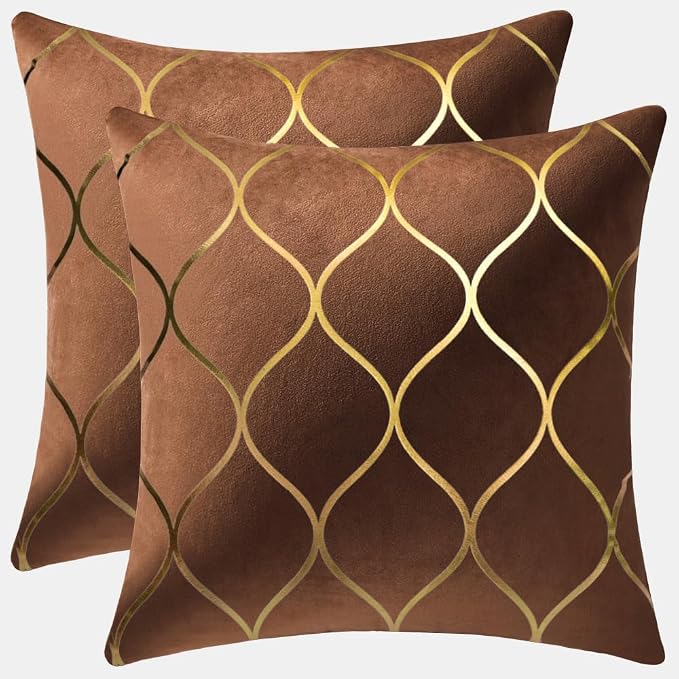 Gold Velvet Throw Pillow Covers: 2 Pack 18x18 Inch Square Decorative Pillow Cases for Bedroom Sofa Couch Living Room, Light Brown
