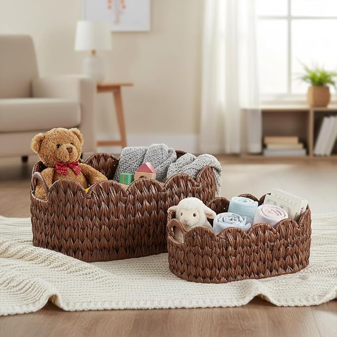 Coeusy Wicker Scalloped Basket Set of 2,Woven Storage Baskets for Shelves,Closet,Laundry,Gift,Towels,Books,Toys,Waterproof Cute Decor Basket for Organizing,Brown