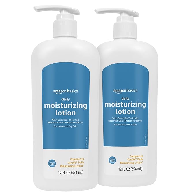 Amazon Basics Daily Moisturizing Lotion for Face and Body, Fragrance Free, with Ceramides, 12 Fluid Ounces, 2-Pack