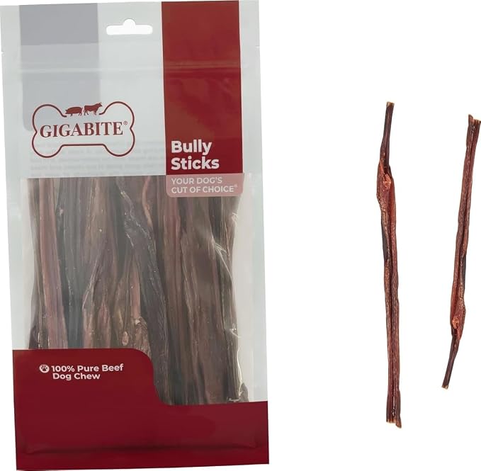 GigaBite Bully Sticks for Dogs All Natural Beef Pizzle Dog Chews, Odor & Rawhide Free Dog Treats, Long Lasting High Protein Chews Digestible Dental Dog Treat - Sticks (Slim 6"), Pack of 25