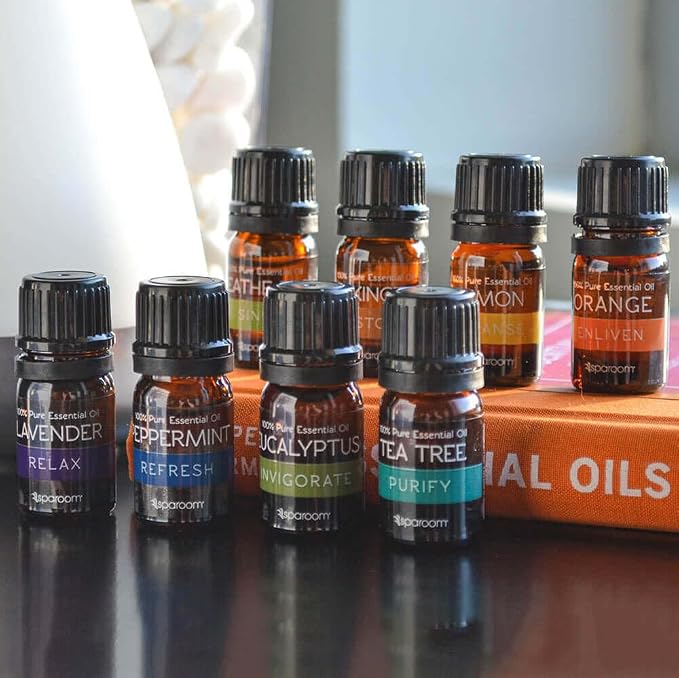SpaRoom 100% Pure Essential Oils Set; Perfect for Aromatherapy, Diffusers, Humidifiers and Home Care, Gift Set of 8